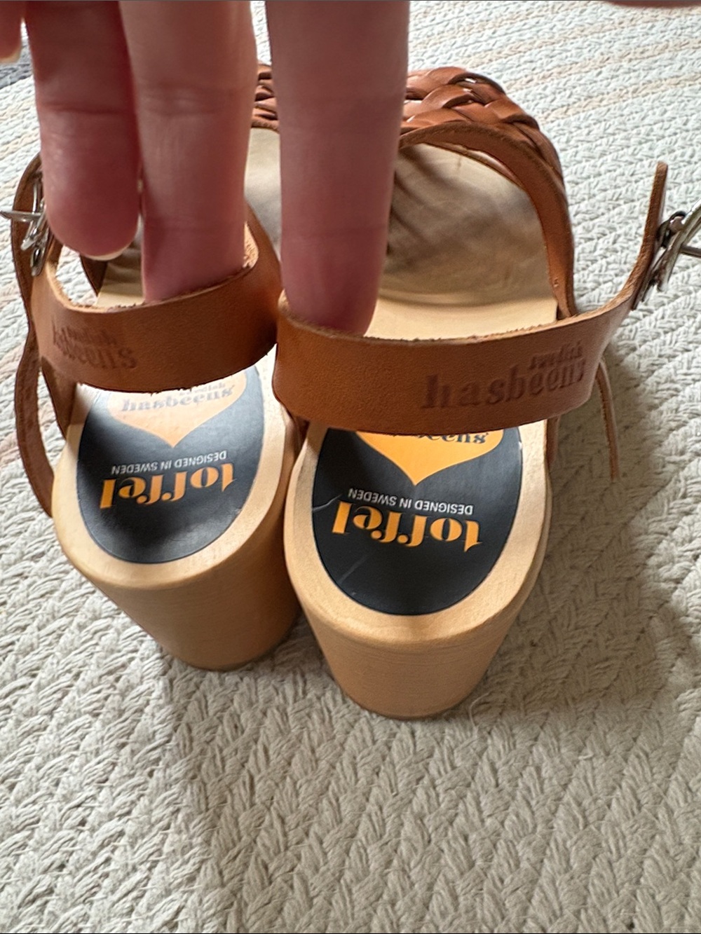 Swedish Hasbeens Tan Leather Woven Platform Clogs - Picture 8 of 8